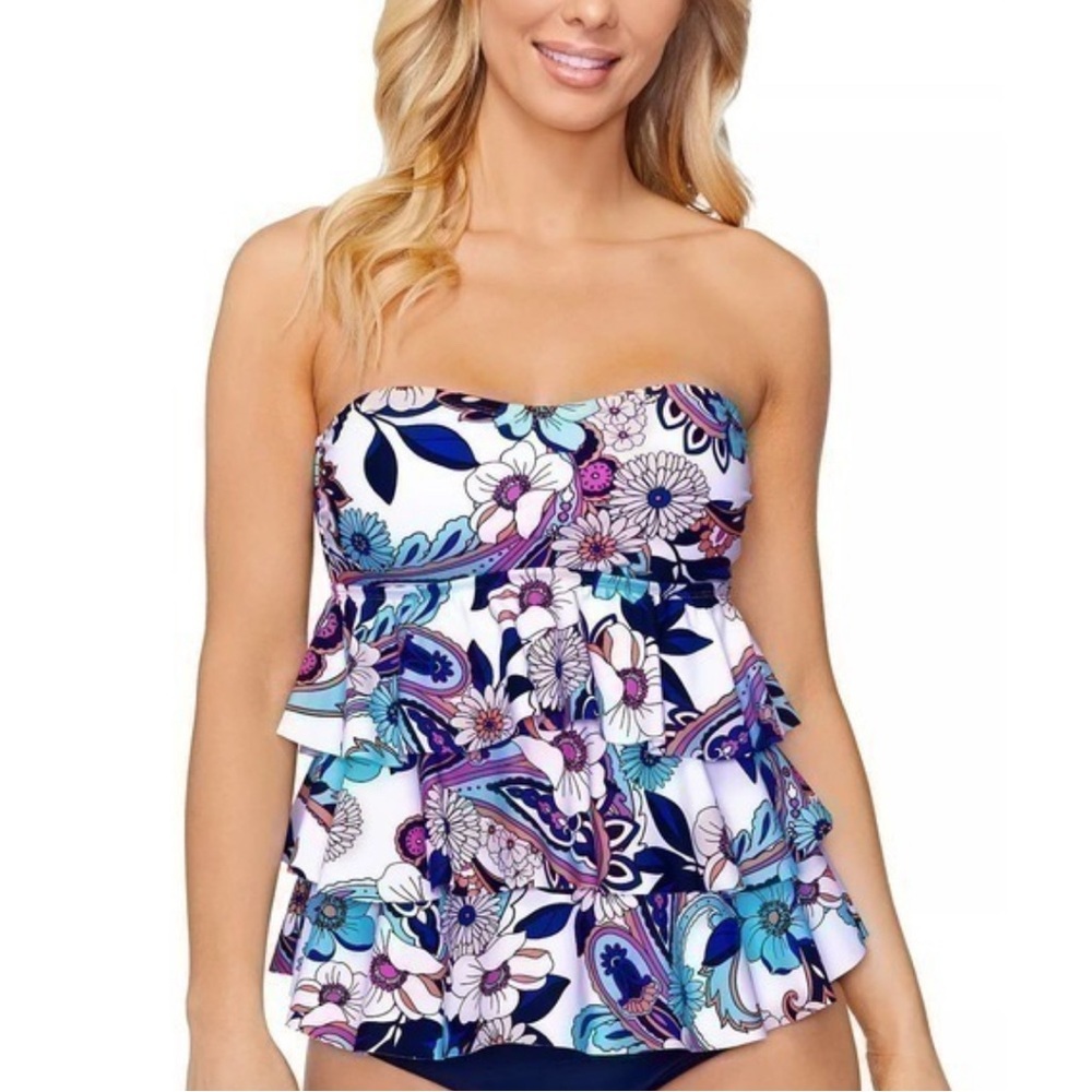 NWT Island Escape Tankini Womens sz 8 Triple Tier Ruffle‎ Bandeau Floral boho